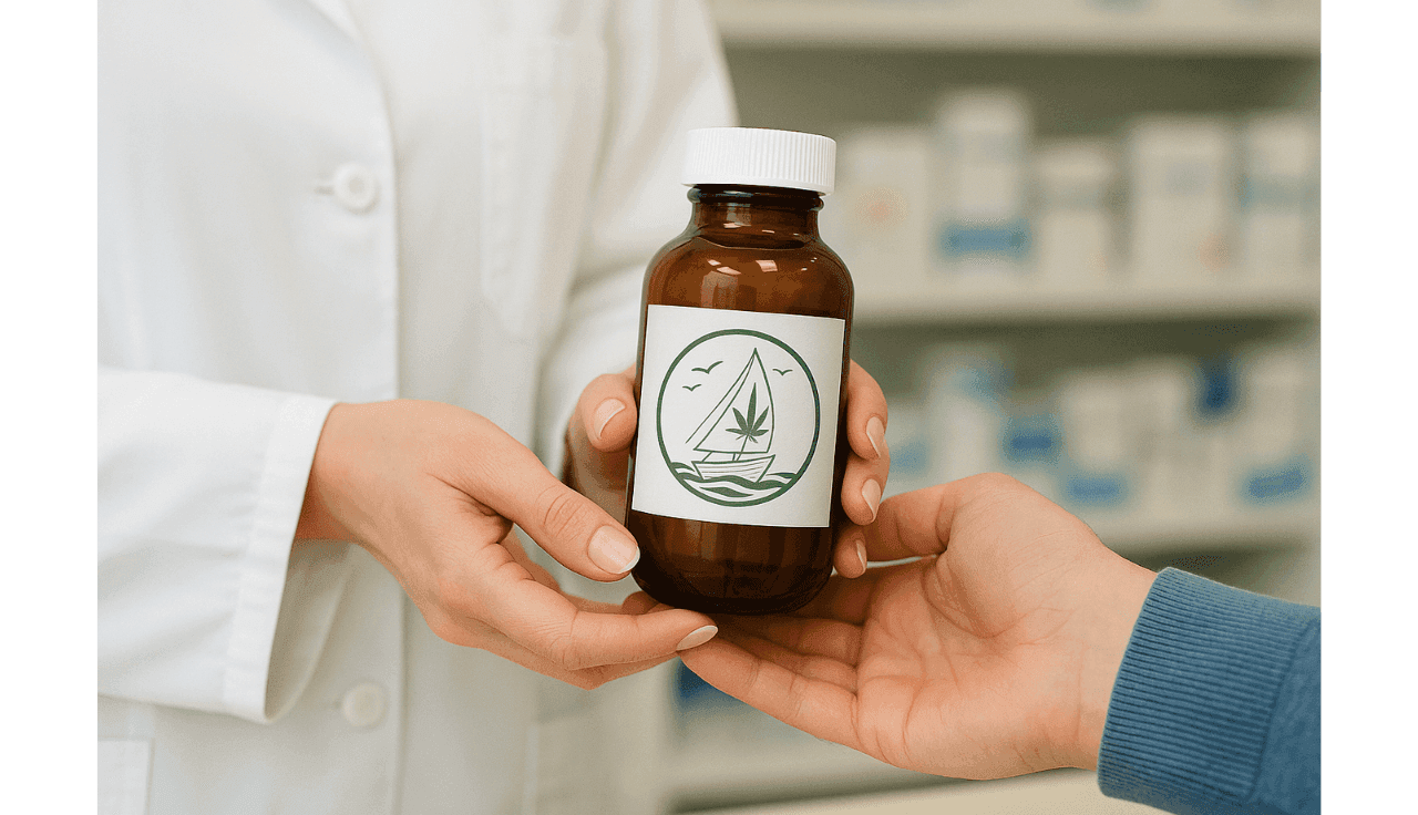 Apotheker übergibt Cannabis Glas mit CannaCoast Logo drauf